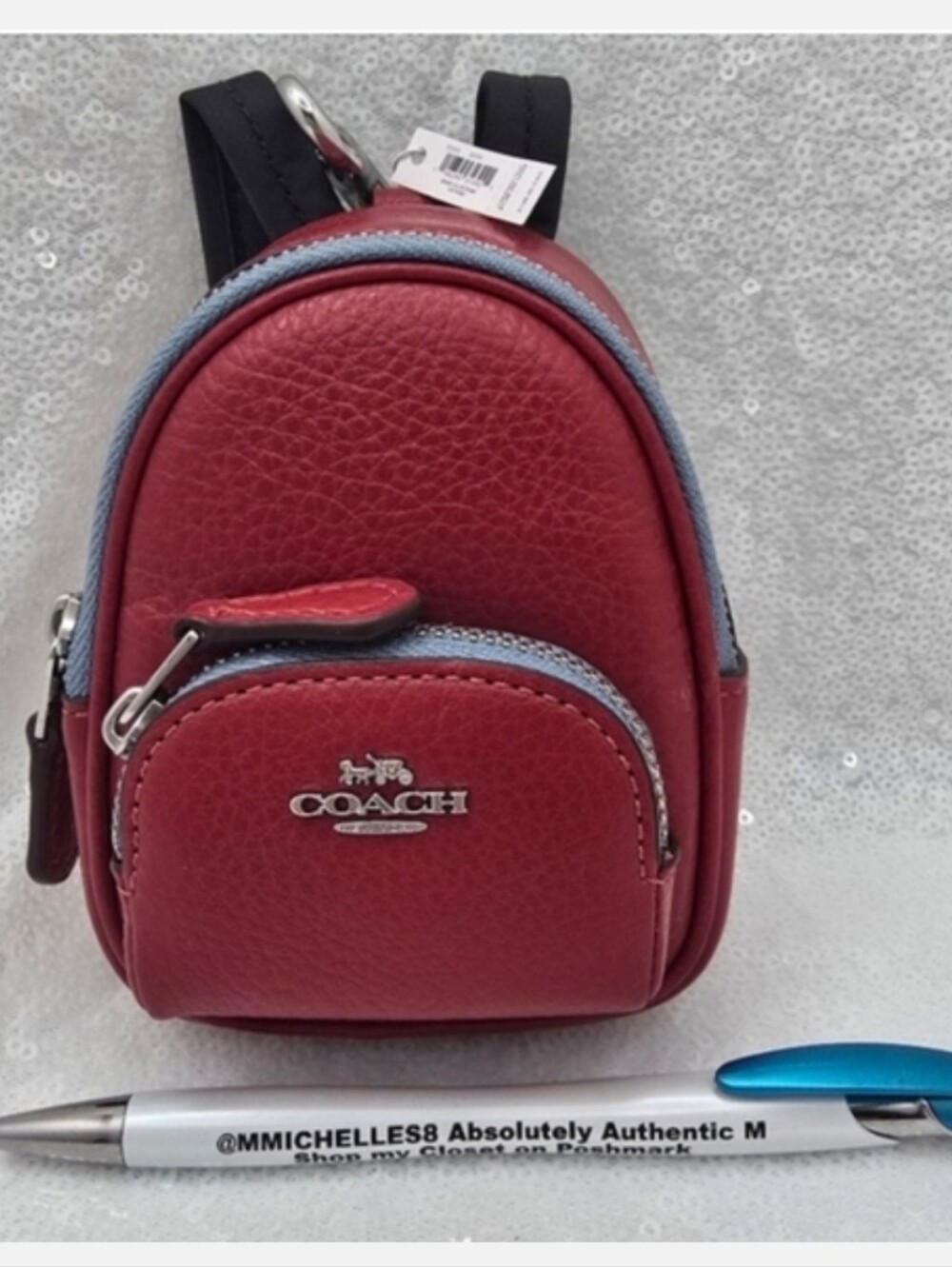 Coach Micro Court Backpack Bag Charm Key-Chain Pebble Leather Zip Pockets